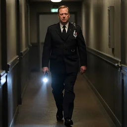 Alex Norton as DCI Matthew walking down a dark hallway with a flashlight