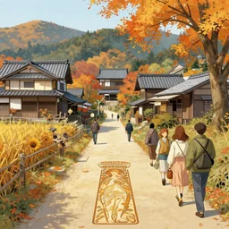japanese rural town, autumn, path traced, highly detailed, high quality, digital painting, alena aenami, lilia alvarado, shinji aramaki, karol bak, alphonse mucha, tom bagshaw