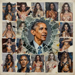 fifty torn photos of barak obama detailed mixed media collage with canvas texture in style of contemporary art, punk art, photorealism, sensual bodies, expressionism, masterpiece, perfect composition, spectacular quality, intricate oil details, broken glass photo, torn paper intricate texture, large cracks, liquid glue spots