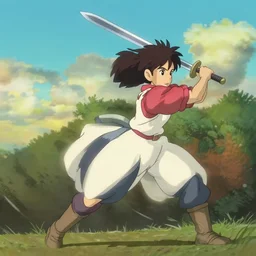 a warrior swinging her sword in a full arc, motion blur from the sword, studio ghibli