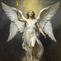 angelic humanoid with wings on its back and an upside-down stone face holding a golden spear, oil painting, by Fernanda Suarez and and Edgar Maxence and greg rutkowski