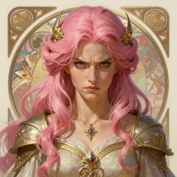 aristocrat scowling, female, d & d, fantasy, intricate, elegant, highly detailed, pink hair, digital painting, artstation, octane render, concept art, matte, sharp focus, illustration, hearthstone, art by artgerm, alphonse mucha johannes voss