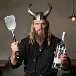 diamond viking with his spatula in right hand and vodka in left hand
