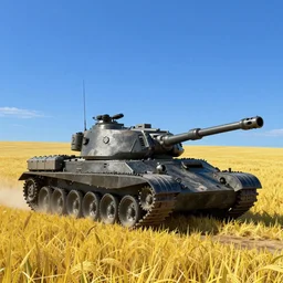 russian tank boss fight from nier : automata in yellow rye field under pure blue skies