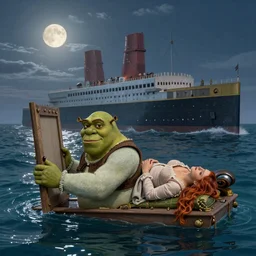 a wide full shot, colored historical photo of a shrek floating in the water holding onto a floating door, where a red haired woman lies on top of it, the titanic sinks in the background, moon light,. ultra realistic, photorealistic, cinema, hyper realistic