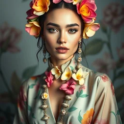 wide angle full body portrait shot of a beautiful modern elegantly dressed woman wearing ornaments of flowers, flowing colourful elegant clothes, highly detailed face, detailed iridescent eyes, alphonse white datura, rhads, artstation, fkey, octane render, 1 6 k