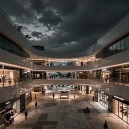 A large modern mall with no one in it. Dream like, dark, muted colors.