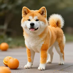 photo of an akita inu made out of oranges