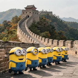 The Minions, walking in a single file line, on the Great Wall of China