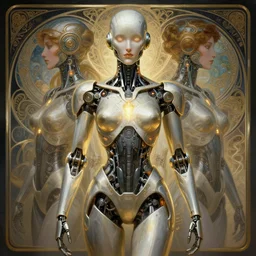 symmetry!! portrait of robot, sci - fi, tech wear, glowing lights!! intricate, elegant, highly detailed, digital painting, artstation, concept art, smooth, sharp focus, illustration, art by artgerm and greg rutkowski and alphonse mucha