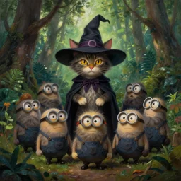 a hyper realistic cat witch minions creature in the woods gorgeous lighting, lush forest foliage painting by chiara bautista and beksinski and norman rockwell and greg rutkowski weta studio, and lucasfilm