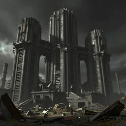 ancient ruined brutalist megastructures, partially operational, james gurney, peder severin kroyer, unreal engine, detailed, nighttime.