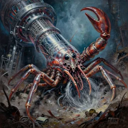 oil painting nightmare yaw whipping epic wire & chrome hadron collider fused crustacean in abandoned plague world, cinematic, fine art, by boris vallejo, shigeru komatsuzaki
