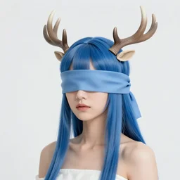 A young female shaman blindfolded, blue hair and antlers on her head, blindfolded, heilung, made by karol bak