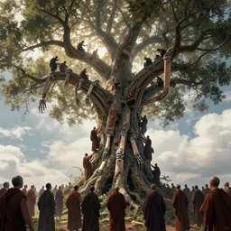 biomechanical arms and legs growing out of a tree, people climbing, intricate details, finger branches, backlit, clouds, a crowd of robed worshipers, people climbing the tree, concept art, by greg rutkowski