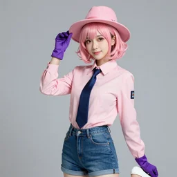 a young woman, with a wavy short pink hair and pink fedora hat, wearing a light pink jacket with a dark blue tie, purple gloves and blue jeans shorts and white shoes. She is holding blue neon strings tied on her hand, rich vivid colors, ambient lighting, dynamic lighting, 4k, official media, anime key visual, makoto shinkai, ilya kuvshinov, lois van baarle, rossdraws, detailed, trending on artstation
