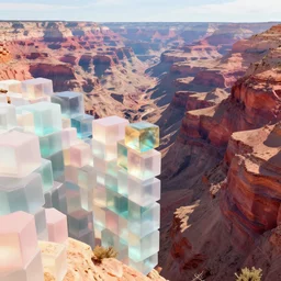 canyon made from cubes, translucent frosted glass cubes, opal, pastel colors, substance painter 3D, 8K VFX render