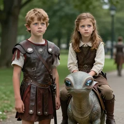 sharp, highly detailed, film from a 2 0 1 9 sci fi 8 k movie, time travelers appear in a park, a boy from the roman empire and a girl riding on the back of a small alien creature from an alternate 1 8 5 0, each wearing correct era clothes, atmospheric lighting, in focus, reflective eyes, 3 5 mm macro lens, nice composition