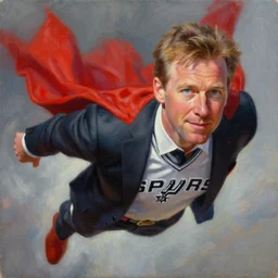 facial portrait of greg popovich flying like super man, fantasy, super hero art, oil on canvas, octane render, san antonio spurs suit, trending on artstation