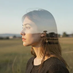 girl head and landscape double exposure photography by man ray