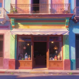 beautiful painting of a colorful cuban storefront, front view, animation, digital art, hyper detailed trending in artstation, cinematic lighting, art style by disney and pixar