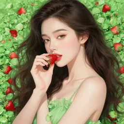 the portrait of an absurdly beautiful, graceful, elegant, sexy woman made of strawberries and green petals, an ultrafine hyperdetailed illustration by kim jung gi, irakli nadar, intricate linework, bright colors, octopath traveler, final fantasy, angular, unreal engine 5 highly rendered, global illumination, radiant light, detailed and intricate environment