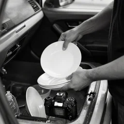 black and white car doing dishes, dslr photo