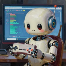 an elaborate cute robot holding a retro game controller in its hand, the background is a computer screen, intricate details, hyperrealistic oil painting on canvas, deep depth field, hd, hdr, 4 k, 8 k, by gerardo dottori, oil on canvas
