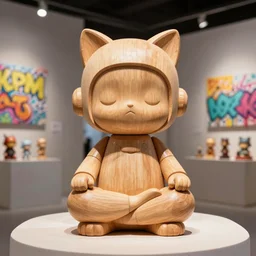 8 k octan, advertising, highly detailed, photo, a totally wooden figurine collectible art toys wooden on feet, very cute fat cyborg meditation zen with cat ears, cyberpunk, graffiti ratio, design, showroom dealership indoor display convention exhibition a contemporary art gallery masterpiece cnc - a k _ dpm _ 2