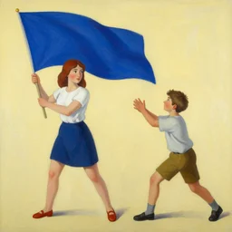 girl holding a blue flag, boy trying to steal the flag, painted by sylvain sarrailh, rhads, ferdinand knab, trending on artstation