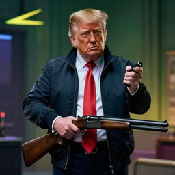 cyberpunk donald trump with a shotgun for hands