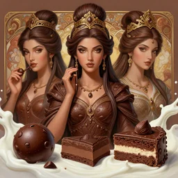 stunning malaysian goddesses of chocolate portrait, chocolate chip, cake, milk, fantasy, intricate, elegant, highly detailed, digital painting, artstation, concept art, smooth, sharp focus, illustration, art by krenz cushart and artem demura and alphonse mucha and tony sandoval
