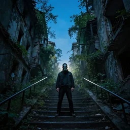 A high quality photo of a mysterious man with a gas mask standing in the middle of a staircase alley looking in the direction of the camera :: outside, blue sky visible :: ruined city with vegetation and trees growing everywhere on the destroyed buildings :: forest :: apocalyptic, gloomy, desolate :: long shot, low angle, dramatic backlight, symmetrical, night, slightly colorful photography :: cinematic shot, highly detailed