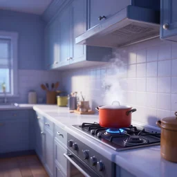 curved perspective digital art of a kitchen with a pot on the burner emitting steam from tim burtons nightmare before christmas by petros afshar