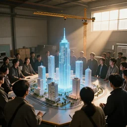large group people in simple warehouse, looking at hologram of futuristic downtown on a table, cinematic concept art, godrays, golden hour, natural sunlight, 4 k, clear details, tabletop model buildings, center model buildings, hologram center, crane shot, crane shot, crane shot, clear details, windows