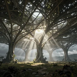 futuristic branching and webbed and vaulted canopy structure stretching out across the countryside, beautiful dynamic lighting, cinematic, wide angle establishing shot, extremely high detail, photo realistic, cinematic lighting, post processed, concept art, artstation, matte painting, style by eddie mendoza, raphael lacoste, alex ross, volumetric lighting, light rays, photorealistic, ultrarealistic, moody, coronarender, 8k