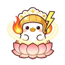 kawaii wacky fluffy popcorn with lightning bolt power, with golden helmet, yokai, in the style of a mamashiba, with a yellow beak, with a toroidal energy field, with a smiling face and flames for hair, sitting on a lotus flower, white background, simple, clean composition, symmetrical, suitable for use as a logo