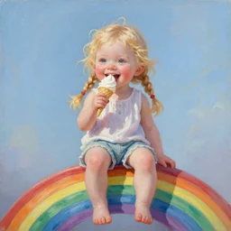 a happy little albino girl with blonde dreads eating ice cream smiling, sitting ontop of a rainbow, high quality, detailed oil painting
