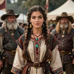 detailed ultrarealistic photography front medium shot of dnd fantasy festival ethnic rustic lydia girl warrior leyendecker, norman rockwell, greg rutkowski, jim henson artstation cinematic, vray game of thrones