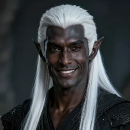 a portrait of a dark drow elf male, long length slick white hair, charcoal skin, handsome, smooth skin, young adult in with late twenties, happy and proud, pointed chin, charcoal color skin, style by donato giancola, wayne reynolds, jeff easley dramatic light, high detail, cinematic lighting, artstation, dungeons and dragons