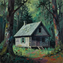 a painting of a eerie cabin in the middle of the woods in the style of warhol