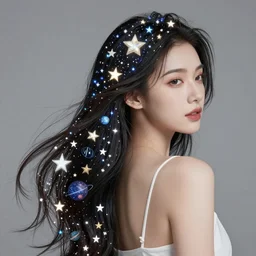 girl with long hair with stars and planets, magical, high details, high modernization, ultra mega super hyper realistic, ultra mega super hyper beautiful