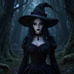 portrait of darkness witch as an anime girl, dark forest background, inspired by Tim Burton, unreal engine render, volumetric light, high détail