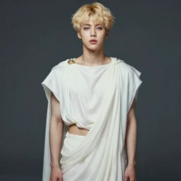 wide angle full body portrait of Park Jimin of BTS, with a perfect face and perfect body, thin waist, plump lips, intricate, single face, wearing greek Palla, ethereal, men fall for him, short blonde hair, blue eyes, hunter eyes, thin button nose, highly detailed, digital painting, artstation, concept art, smooth, sharp focus, illustration, Unreal Engine 5, 8K, art by artgerm and greg rutkowski and alphonse mucha