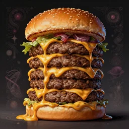 an ultra tall cheeseburger with ten thousand patties, oozing, goopy cosmic horror, elegant intricate digital painting artstation concept art by mark brooks and brad kunkle extreme detailed