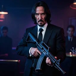 john wick in a night club holding an assault rifle, cinematic photography, 8k