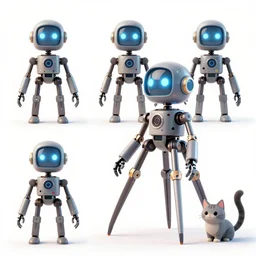character sheets for a friendly tripod vampire squid robot made of broken parts that loves cats and has an led screen face, inspired by splatoon by nintendo, art by tim schafers work on psychonauts 2 from double fine, anime, vhs distortions