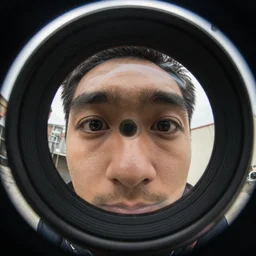 widest fish eye lens extremely close to man's face