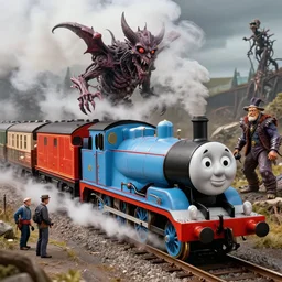 still frame from thomas and friends by giger, 😡 mad train model by wayne barlowe, eldrich see thomas train by beksinski, grandiose demonic train with locomotive and endless wagons, steam _ locomotive