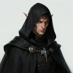 portrait of a mysterious and cunning male high elf inquisitorial agent wearing a black hooded agent's cloak, by Raymond Swanland Greg Rutkowski Lise Deharm, intricate, masterpiece, sharp, digital art, full head, ArtStation, CGStation, 8k